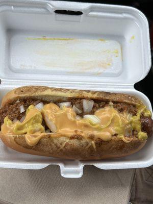 Chili Dog with Beer Cheese, onion and mustard