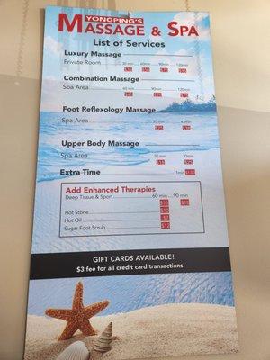 Menu of services! Ask for Kevin if you need a deep tissue massage! He breaks up those knots