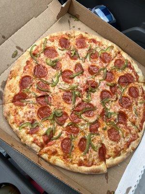 A large Pepperoni & Green Pepper Pizza