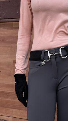 Anytime Essential Riding Products:  Grey Breeches, Black Snaffle Belt, Seamless Top and Riding Gloves