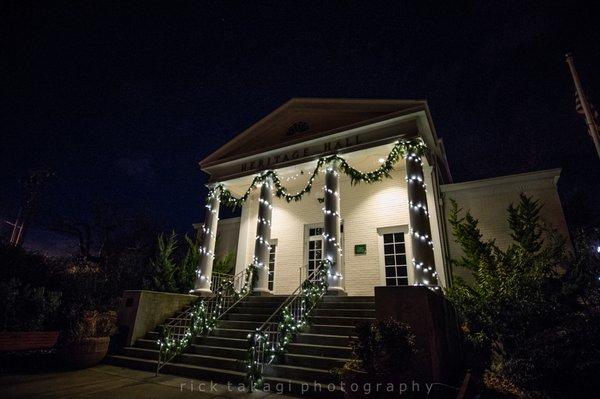 Christmas decorations on Heritage Hall.