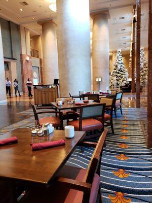 Menu or buffet breakfast. Lower lobby of Hyatt La Jolla.