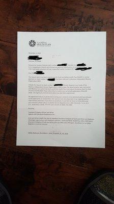 Insurance provider appeal confirmation letter.