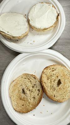 The mullet of bagels. Everything on top and sesame on the bottom! Enough cream cheese to split!