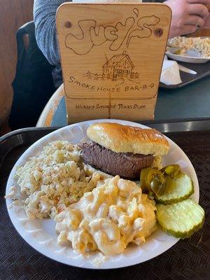 Brisket sandwich, cole slaw, and mac n cheese.