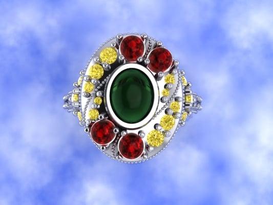 blairprestonjewelry.com 
 White gold with deep garnets and yellow diamonds.