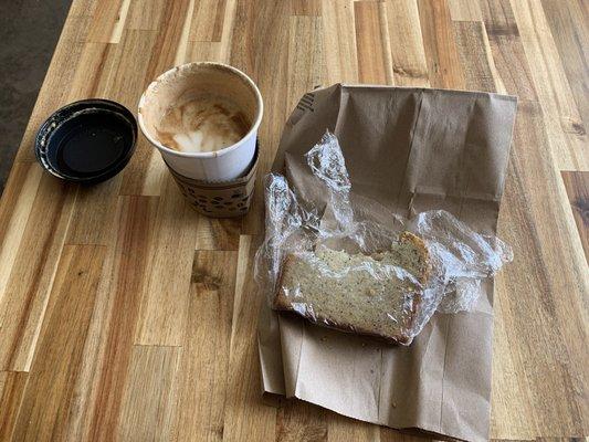 Latte w soy milk and gluten-free lemon poppyseed bread.