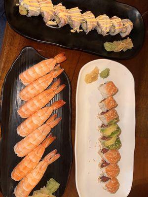 R6. Shaggy Dog Roll, shrimp ebi, R2. Houston Maki