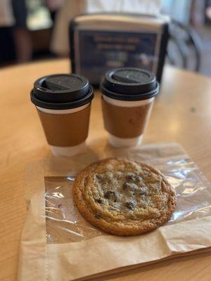 Two 8 oz. Chai Lattes and a Chocolate Chip Cookie