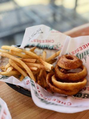 Onion rings, fries