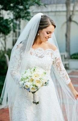 Our bride Mrs. Brooke Bloom Riebeling chose couturier Karen Hendrix to create her lace jacket for her Monique Lhuillier gown.