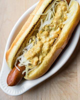 Hoyt Dog: All-beef frank, with relish and kraut on a challah roll