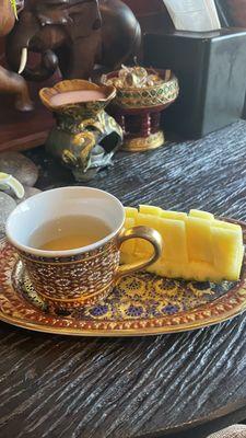 Complimentary tea and fresh cut pineapple. An absolute treat to end the massage.