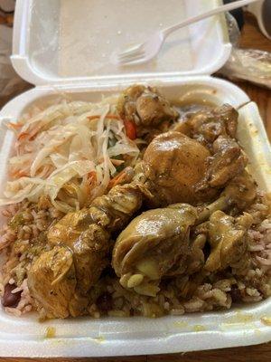 Curry chicken, rice & peas and cabbage