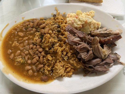 Dinner plate - pernil rice beans and potato salad