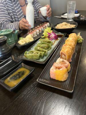 Momiji roll, Vegetable Gyoza and Tuna Princess Roll. (Saki, naturally)