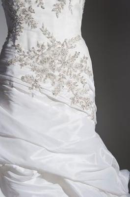 Closeup of the bead work on one of our custom wedding dresses.