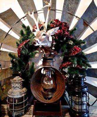 Deer Taxidermy on Giant Windmill with Railroad & Nautical Lanterns