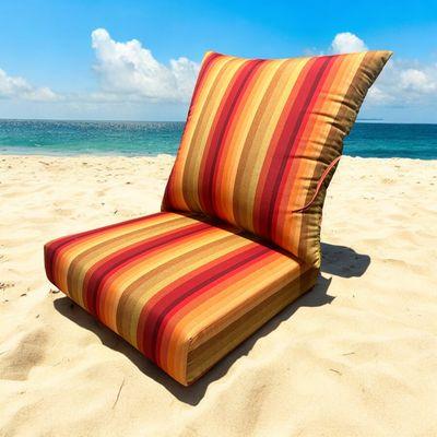 Bullnose seat knife edge back chair cushions using sunbrella astoria sunset.