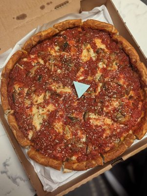 Deep Dish: pepperoni, ground beef, mushrooms and spinach