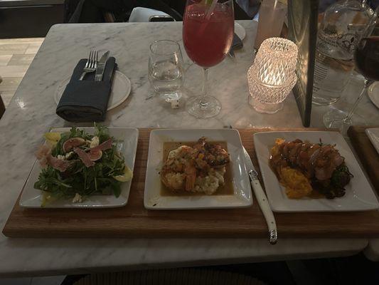 Left is Fig salad, middle shrimp and grits, and on the right is the duck. All were so delicious!