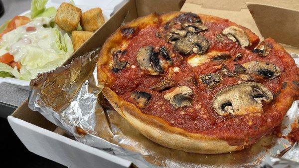 Lunch special.  Personal pepperoni and mushroom deep dish pizza and salad with blue cheese dressing.