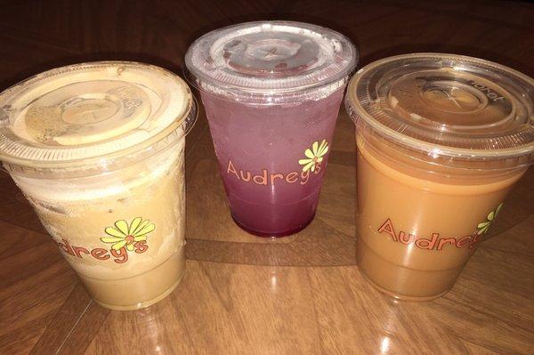 Iced white mocha, blackberry lemonade, iced British rose