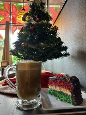 Almond milk hot latte and Rainbow Cake