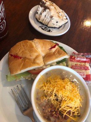 Chicken salad sandwich, cheeseburger chowder, and peanut butter pie