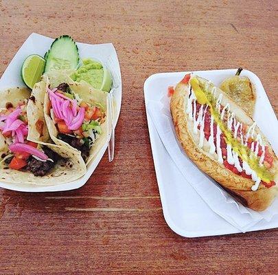 Carne Asada tacos & a Con todo hot dog from T-Locs