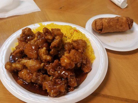 General Tso's combination with fried rice and eggroll