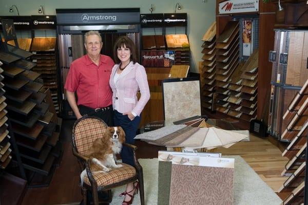 Al and Kimberlee Fleury in our showroom with dog, Charlie