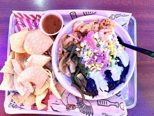 Garlic Shrimp Bowl w chips and medium salsa