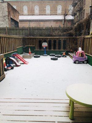 Private backyard-prior to the snow angels and snow boy and girl