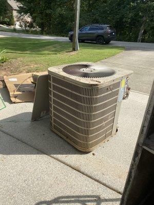 Taking off the 20 year old heat pump!  Good bye old friend.  You kept us comfortable for a long time!