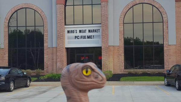 Bob the Raptor Says "Meat Prey and Computer Repair all in the same place."