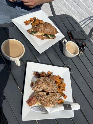 Bacon egg cheese on everything bagel. Croissant egg spinach & flat whites.