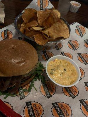 Bistro burger minus bacon with housemade chips and pimento dip