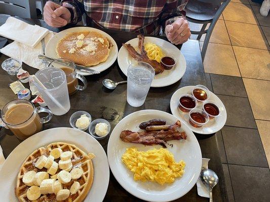 Our breakfast, pancake combo and banana pecan waffle combo.