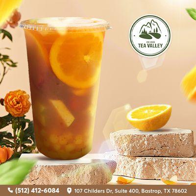 Fruit, tea, and boba... what's not to love? 
Cool off with our refreshing fresh fruit tea, topped with chewy boba!