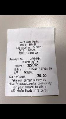 My receipt - showing entry & exit times & the $30 charge.