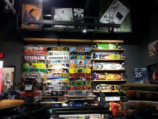 Skateboards sold year round and snowboard packages in the winter.