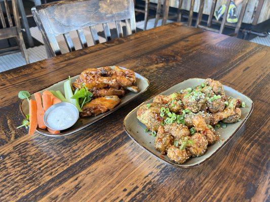 Sriracha chicken wings and bang bang broccoli