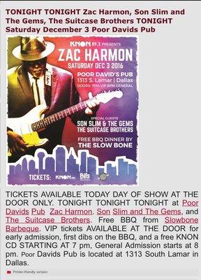 TONIGHT TONIGHT Zac Harmon, Son Slim and The Gems, The Suitcase Brothers