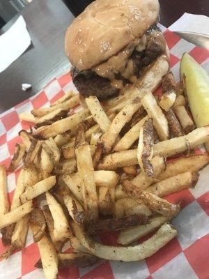 Elvis burger with peanut butter, caramelized bananas, and bacon.