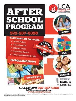 AFTER SCHOOL PROGRAMS INCLUDE
school drop off, school pickup, homework help, STEAM programs and curriculum classes.