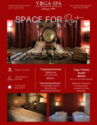 Rent Our Space!
Treatment Rooms $590/mo (2x Per Week) or $40/hr
Fully Equipped Treatment Rooms

Yoga/Pilates Studio $50/hr for 1-on-1