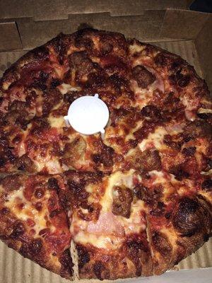 Extra well done meat lovers pizza