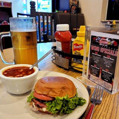 Swiss & Cheese sandwich, soft brioche bun. Bowl of hot & spicy pinto beans! No excuses, really spicy!