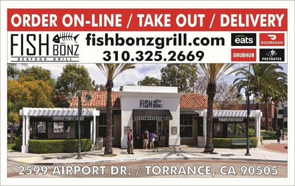 We're here for you! On-line Fishbonzgrill.com, takeout and delivery. We also offer curbside delivery!